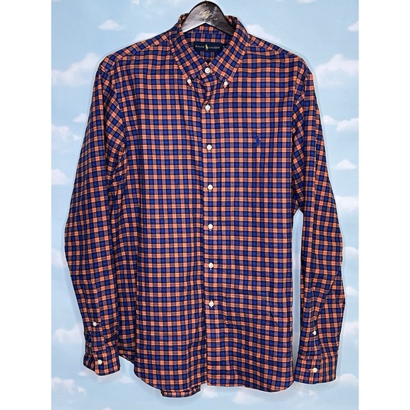Ralph Lauren Mens Long Sleeve Button Down Shirt XL Orange & Blue Plaid Cotton - Picture 1 of 5